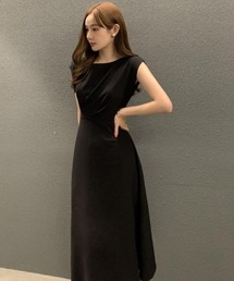 コクーンネック タックデザイン フレアミディワンピース