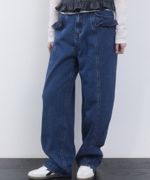 ラッフルディテールワイドフィットデニムパンツ[ダークブルー]