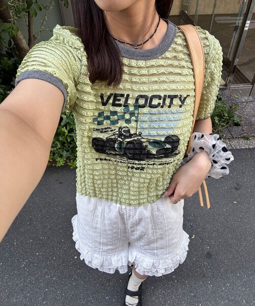 CIAOPANIC(チャオパニック)の「モーターロゴフリルリンガーTee(Tシャツ/カットソー・レディース・アイボリー/オフホワイト/ブラック/イエロー・ONE SIZE)」の1枚目の写真