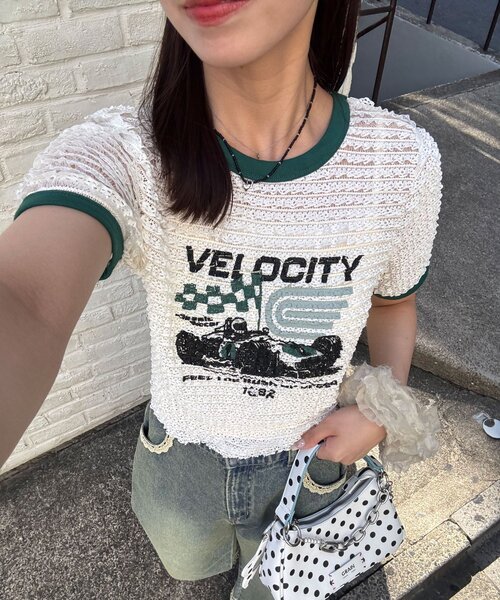 CIAOPANIC(チャオパニック)の「モーターロゴフリルリンガーTee(Tシャツ/カットソー・レディース・アイボリー/オフホワイト/ブラック/イエロー・ONE SIZE)」の3枚目の写真