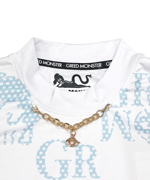 GREED MONSTER（グリードモンスター）の「GREED MONSTER チェック風総柄ロゴチェーンネック半袖モックネック（Tシャツ/カットソー・レディース・ホワイト/サックスブルー・SMALL/LARGE/MEDIUM）」の8枚目の写真