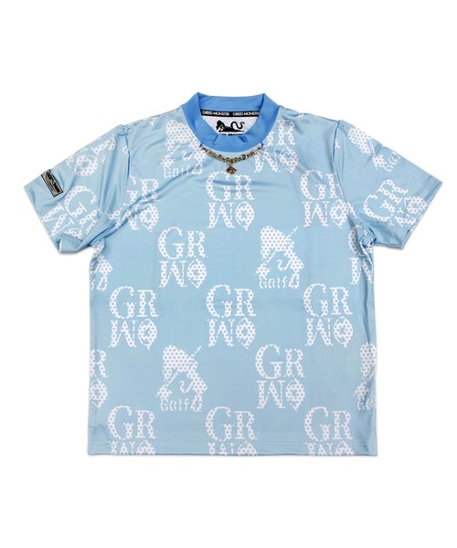 GREED MONSTER（グリードモンスター）の「GREED MONSTER チェック風総柄ロゴチェーンネック半袖モックネック（Tシャツ/カットソー・レディース・ホワイト/サックスブルー・SMALL/LARGE/MEDIUM）」の3枚目の写真