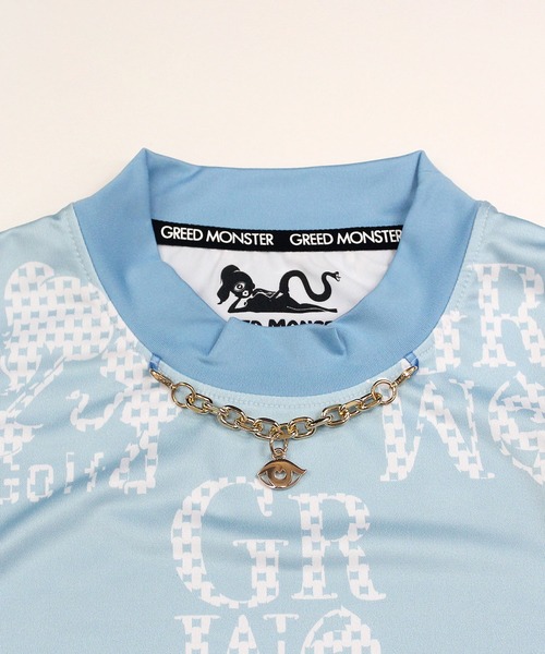 GREED MONSTER（グリードモンスター）の「GREED MONSTER チェック風総柄ロゴチェーンネック半袖モックネック（Tシャツ/カットソー・レディース・ホワイト/サックスブルー・SMALL/LARGE/MEDIUM）」の5枚目の写真