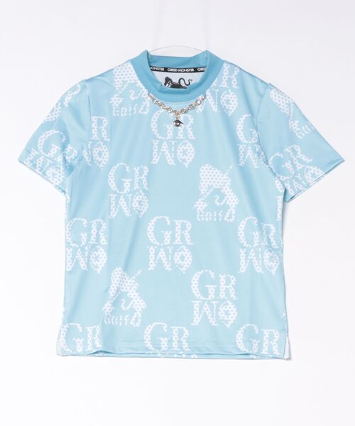GREED MONSTER（グリードモンスター）の「GREED MONSTER チェック風総柄ロゴチェーンネック半袖モックネック（Tシャツ/カットソー・レディース・ホワイト/サックスブルー・SMALL/LARGE/MEDIUM）」の7枚目の写真