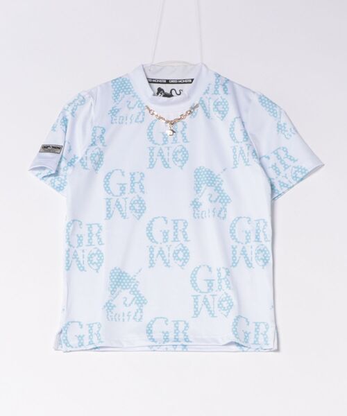GREED MONSTER（グリードモンスター）の「GREED MONSTER チェック風総柄ロゴチェーンネック半袖モックネック（Tシャツ/カットソー・レディース・ホワイト/サックスブルー・SMALL/LARGE/MEDIUM）」の12枚目の写真