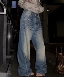 スタッズデザインワイドデニムパンツ