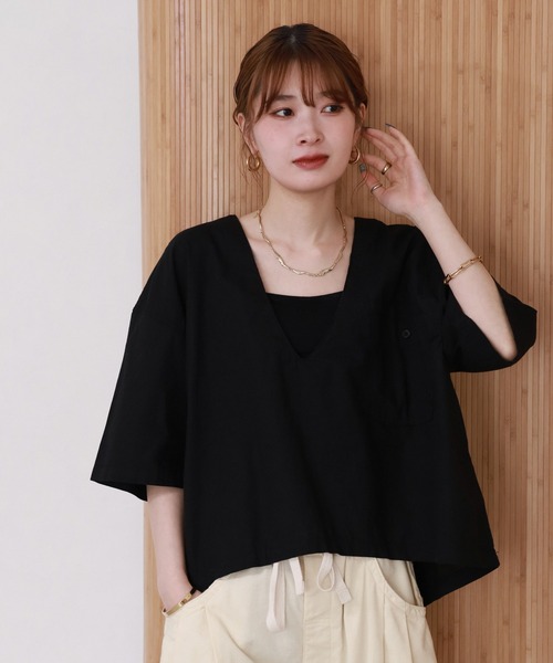 atONE(アットワン)の「麻綿Vネックシャツプルオーバー 半端袖(シャツ/ブラウス・レディース・ベージュ/ブラック・4L~5L/LL~3L/M~L)」の18枚目の写真