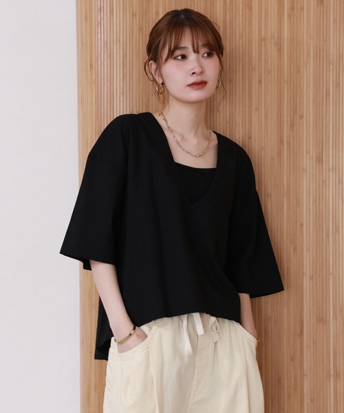 atONE(アットワン)の「麻綿Vネックシャツプルオーバー 半端袖(シャツ/ブラウス・レディース・ベージュ/ブラック・4L~5L/LL~3L/M~L)」の19枚目の写真