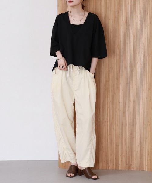 atONE(アットワン)の「麻綿Vネックシャツプルオーバー 半端袖(シャツ/ブラウス・レディース・ベージュ/ブラック・4L~5L/LL~3L/M~L)」の21枚目の写真