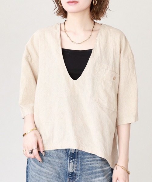 atONE(アットワン)の「麻綿Vネックシャツプルオーバー 半端袖(シャツ/ブラウス・レディース・ベージュ/ブラック・4L~5L/LL~3L/M~L)」の10枚目の写真