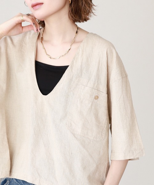 atONE(アットワン)の「麻綿Vネックシャツプルオーバー 半端袖(シャツ/ブラウス・レディース・ベージュ/ブラック・4L~5L/LL~3L/M~L)」の4枚目の写真