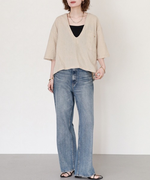 atONE(アットワン)の「麻綿Vネックシャツプルオーバー 半端袖(シャツ/ブラウス・レディース・ベージュ/ブラック・4L~5L/LL~3L/M~L)」の8枚目の写真