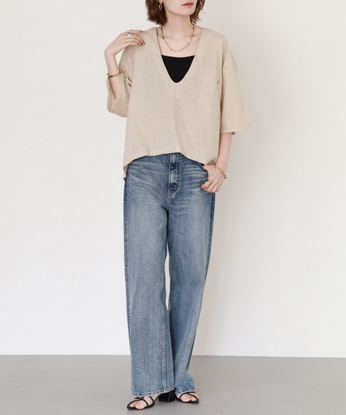 atONE(アットワン)の「麻綿Vネックシャツプルオーバー 半端袖(シャツ/ブラウス・レディース・ベージュ/ブラック・4L~5L/LL~3L/M~L)」の9枚目の写真