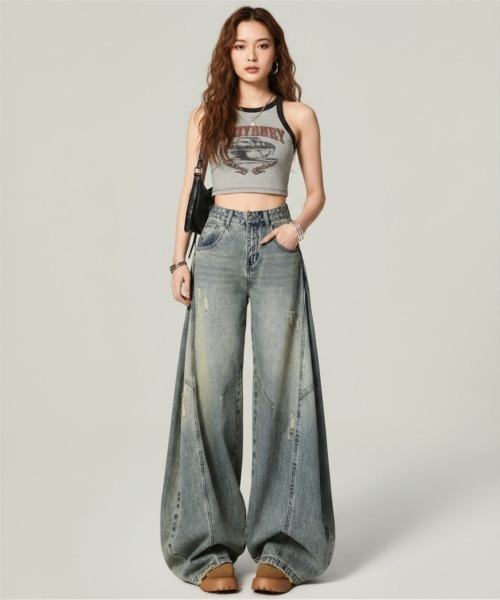 center i(センターアイ)の「ヴィンテージウォッシュカーブワイドデニムパンツ(デニムパンツ・レディース・ブルー・L/M/S)」の6枚目の写真
