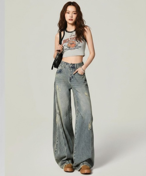 center i(センターアイ)の「ヴィンテージウォッシュカーブワイドデニムパンツ(デニムパンツ・レディース・ブルー・L/M/S)」の5枚目の写真