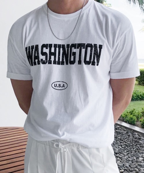 NOWLE(ノウル)の「【NOWLE】ヴィンテージライク カレッジロゴ 半袖Tシャツ / クラッシュプリント アメカジ ワシントン トップス(Tシャツ/カットソー・メンズ・ホワイト・X-LARGE)」の1枚目の写真