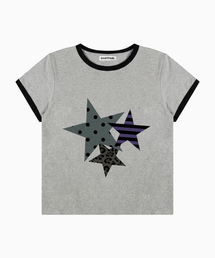 SPスター パッチワーク クロップ リンガー Tシャツ メランジグレー