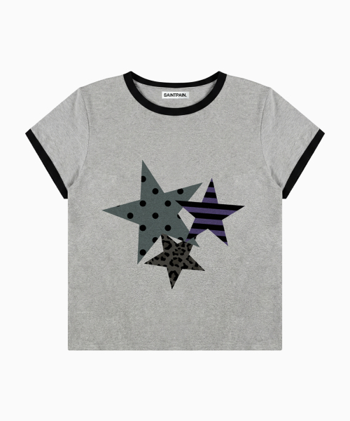 SAINTPAIN(セイントペイン)の「SPスター パッチワーク クロップ リンガー Tシャツ メランジグレー(Tシャツ/カットソー・レディース・その他・FREE)」の1枚目の写真