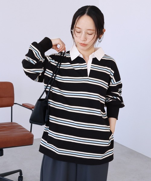 reca(レカ)の「ボーダーラガーシャツ(Tシャツ/カットソー・レディース・ブラック/トップグレー・FREE)」の1枚目の写真
