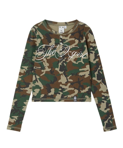 X-girl(エックスガール)の「HENLEY NECK SCRIPT LOGO L/S COMPACT TOP(Tシャツ/カットソー・レディース・レオパード/ホワイト/カモフラージュ・ONE SIZE)」の14枚目の写真