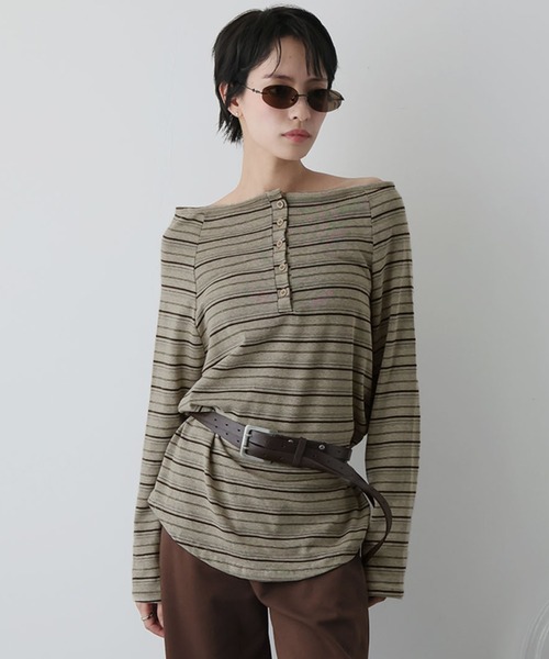 Ulysses(ユリシス)の「ヘンリーネックオフショルボーダーカットソー(Tシャツ/カットソー・レディース・ベージュ/ブラック・S/M)」の14枚目の写真