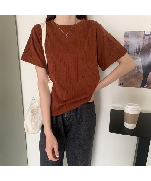 Carpe Diem（カルペディエム）の「リブ編 クルーネックTシャツ（Tシャツ/カットソー・レディース・ホワイト/ブラウン/ピンク/オリーブ/ブルー/ブラック・FREE）」の3枚目の写真