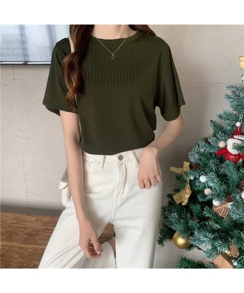 Carpe Diem（カルペディエム）の「リブ編 クルーネックTシャツ（Tシャツ/カットソー・レディース・ホワイト/ブラウン/ピンク/オリーブ/ブルー/ブラック・FREE）」の4枚目の写真