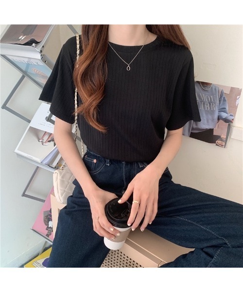 Carpe Diem（カルペディエム）の「リブ編 クルーネックTシャツ（Tシャツ/カットソー・レディース・ホワイト/ブラウン/ピンク/オリーブ/ブルー/ブラック・FREE）」の2枚目の写真