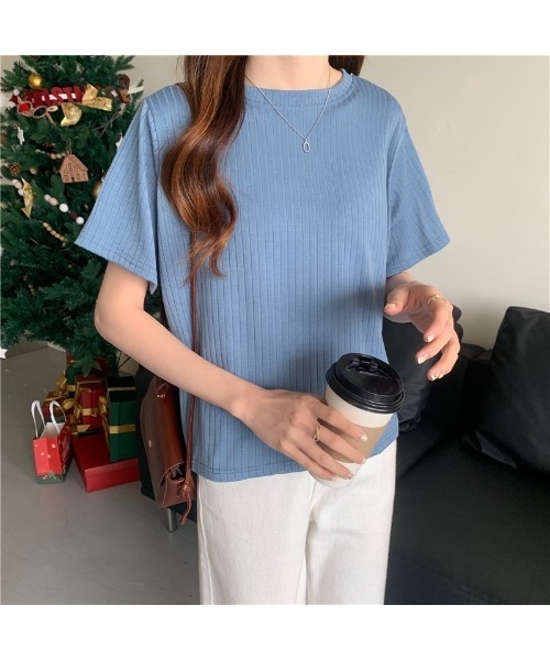 Carpe Diem（カルペディエム）の「リブ編 クルーネックTシャツ（Tシャツ/カットソー・レディース・ホワイト/ブラウン/ピンク/オリーブ/ブルー/ブラック・FREE）」の8枚目の写真