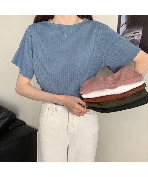 Carpe Diem（カルペディエム）の「リブ編 クルーネックTシャツ（Tシャツ/カットソー・レディース・ホワイト/ブラウン/ピンク/オリーブ/ブルー/ブラック・FREE）」の9枚目の写真