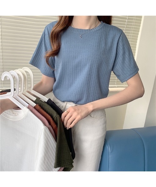 Carpe Diem（カルペディエム）の「リブ編 クルーネックTシャツ（Tシャツ/カットソー・レディース・ホワイト/ブラウン/ピンク/オリーブ/ブルー/ブラック・FREE）」の10枚目の写真