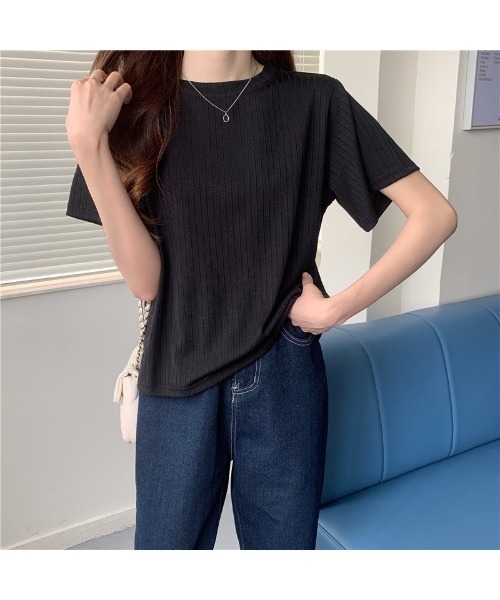 Carpe Diem（カルペディエム）の「リブ編 クルーネックTシャツ（Tシャツ/カットソー・レディース・ホワイト/ブラウン/ピンク/オリーブ/ブルー/ブラック・FREE）」の14枚目の写真