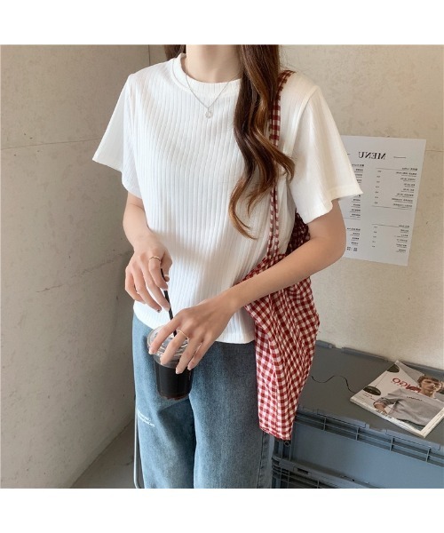 Carpe Diem（カルペディエム）の「リブ編 クルーネックTシャツ（Tシャツ/カットソー・レディース・ホワイト/ブラウン/ピンク/オリーブ/ブルー/ブラック・FREE）」の18枚目の写真