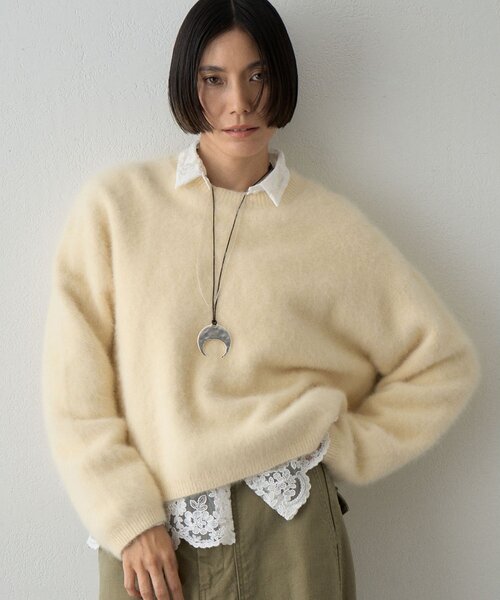 Whim Gazette(ウィムガゼット)の「カシミヤ混ファークルーネックニットプルオーバー(ニット/セーター・レディース・ブラウン/イエロー/ミント/グレー/オフホワイト/ピンク/ネイビー・FREE)」の6枚目の写真