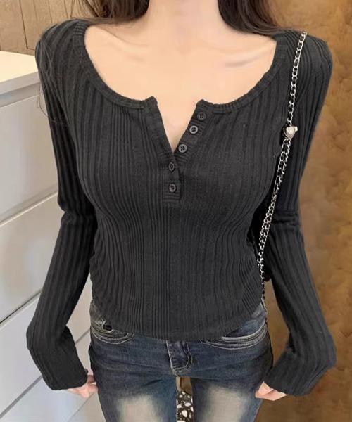 Miniministore(ミニミニストア)の「ヘンリーネックリブカットソー ニットソー(Tシャツ/カットソー・レディース・ベージュ/チャコールグレー/ネイビー/ピンク・FREE)」の1枚目の写真