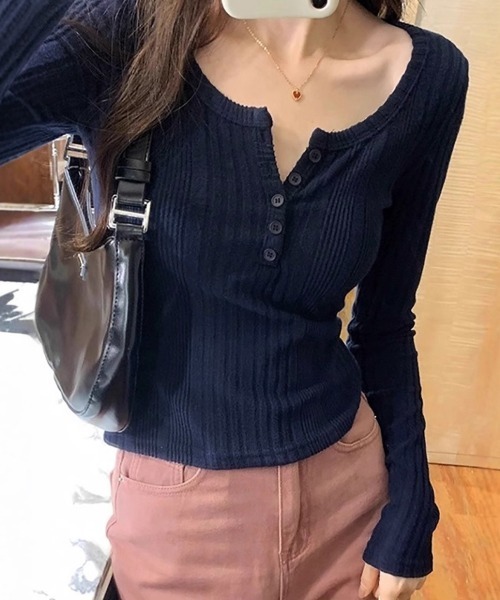 Miniministore(ミニミニストア)の「ヘンリーネックリブカットソー ニットソー(Tシャツ/カットソー・レディース・ベージュ/チャコールグレー/ネイビー/ピンク・FREE)」の6枚目の写真