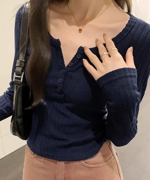 Miniministore(ミニミニストア)の「ヘンリーネックリブカットソー ニットソー(Tシャツ/カットソー・レディース・ベージュ/チャコールグレー/ネイビー/ピンク・FREE)」の7枚目の写真