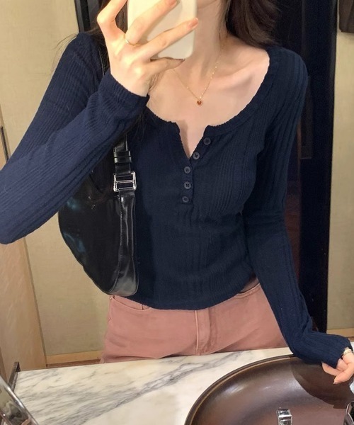 Miniministore(ミニミニストア)の「ヘンリーネックリブカットソー ニットソー(Tシャツ/カットソー・レディース・ベージュ/チャコールグレー/ネイビー/ピンク・FREE)」の8枚目の写真