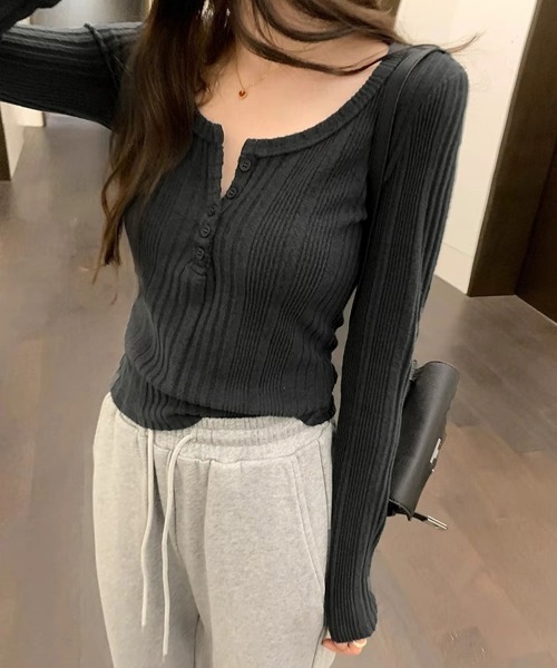 Miniministore(ミニミニストア)の「ヘンリーネックリブカットソー ニットソー(Tシャツ/カットソー・レディース・ベージュ/チャコールグレー/ネイビー/ピンク・FREE)」の11枚目の写真
