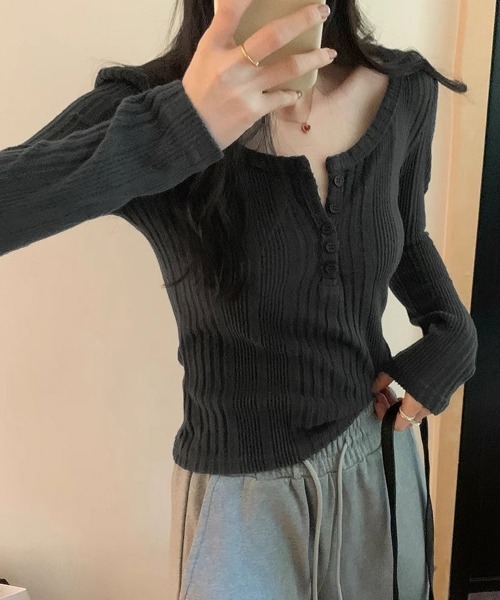 Miniministore(ミニミニストア)の「ヘンリーネックリブカットソー ニットソー(Tシャツ/カットソー・レディース・ベージュ/チャコールグレー/ネイビー/ピンク・FREE)」の12枚目の写真
