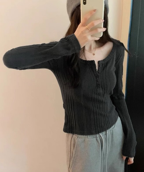 Miniministore(ミニミニストア)の「ヘンリーネックリブカットソー ニットソー(Tシャツ/カットソー・レディース・ベージュ/チャコールグレー/ネイビー/ピンク・FREE)」の13枚目の写真
