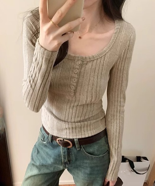 Miniministore(ミニミニストア)の「ヘンリーネックリブカットソー ニットソー(Tシャツ/カットソー・レディース・ベージュ/チャコールグレー/ネイビー/ピンク・FREE)」の15枚目の写真