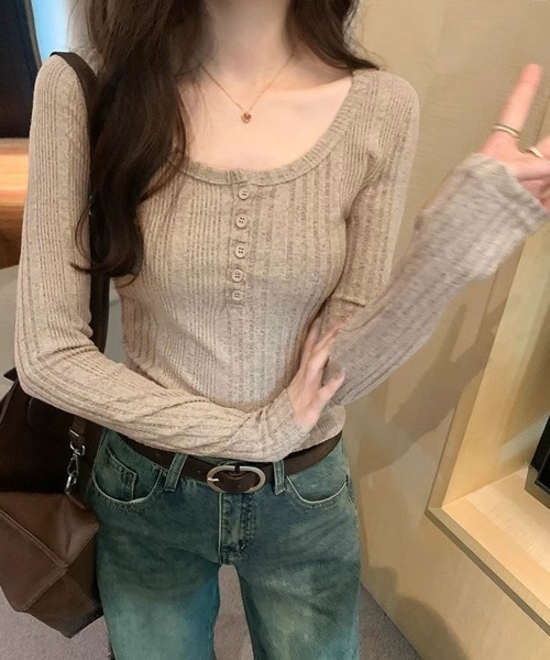 Miniministore(ミニミニストア)の「ヘンリーネックリブカットソー ニットソー(Tシャツ/カットソー・レディース・ベージュ/チャコールグレー/ネイビー/ピンク・FREE)」の16枚目の写真