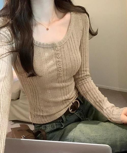 Miniministore(ミニミニストア)の「ヘンリーネックリブカットソー ニットソー(Tシャツ/カットソー・レディース・ベージュ/チャコールグレー/ネイビー/ピンク・FREE)」の19枚目の写真