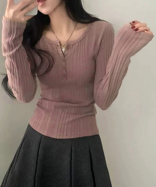 Miniministore(ミニミニストア)の「ヘンリーネックリブカットソー ニットソー(Tシャツ/カットソー・レディース・ベージュ/チャコールグレー/ネイビー/ピンク・FREE)」の20枚目の写真