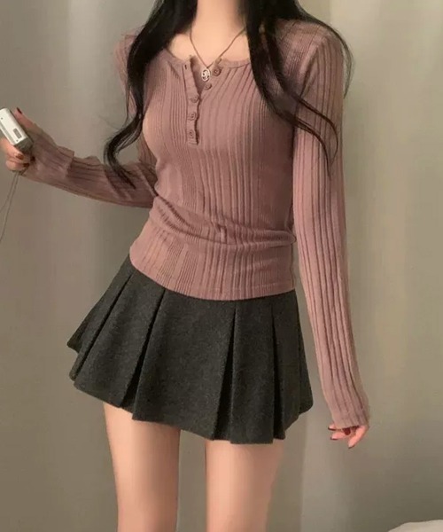 Miniministore(ミニミニストア)の「ヘンリーネックリブカットソー ニットソー(Tシャツ/カットソー・レディース・ベージュ/チャコールグレー/ネイビー/ピンク・FREE)」の21枚目の写真