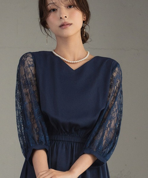 girl(ガール)の「フラワーレーススリーブ ミモレ丈 結婚式 ワンピース パーティードレス オケージョンドレス お呼ばれ 二次会 成人式 同窓会 謝恩会(ドレス・レディース・ブラック/ネイビー/ボルドー/ピンク/イエロー/ピンクベージュ/ブルー・S/M/L/2L)」の11枚目の写真
