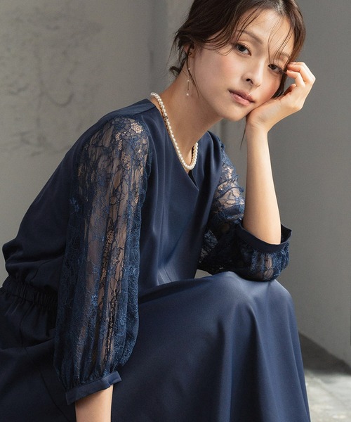 girl(ガール)の「フラワーレーススリーブ ミモレ丈 結婚式 ワンピース パーティードレス オケージョンドレス お呼ばれ 二次会 成人式 同窓会 謝恩会(ドレス・レディース・ブラック/ネイビー/ボルドー/ピンク/イエロー/ピンクベージュ/ブルー・S/M/L/2L)」の12枚目の写真