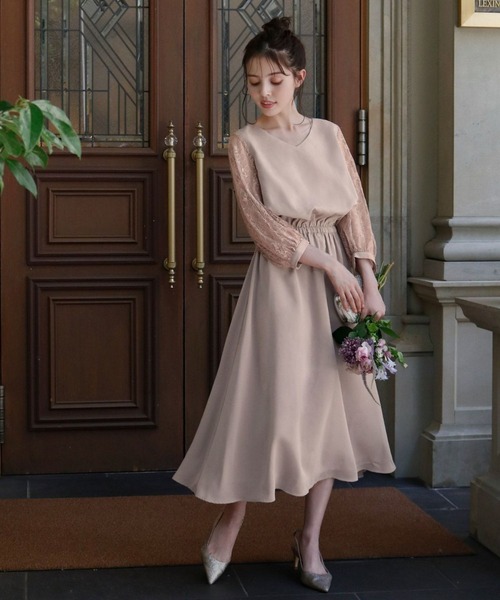 girl(ガール)の「フラワーレーススリーブ ミモレ丈 結婚式 ワンピース パーティードレス オケージョンドレス お呼ばれ 二次会 成人式 同窓会 謝恩会(ドレス・レディース・ブラック/ネイビー/ボルドー/ピンク/イエロー/ピンクベージュ/ブルー・S/M/L/2L)」の19枚目の写真
