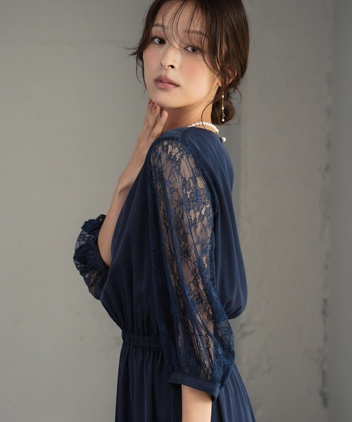 girl(ガール)の「フラワーレーススリーブ ミモレ丈 結婚式 ワンピース パーティードレス オケージョンドレス お呼ばれ 二次会 成人式 同窓会 謝恩会(ドレス・レディース・ブラック/ネイビー/ボルドー/ピンク/イエロー/ピンクベージュ/ブルー・S/M/L/2L)」の22枚目の写真